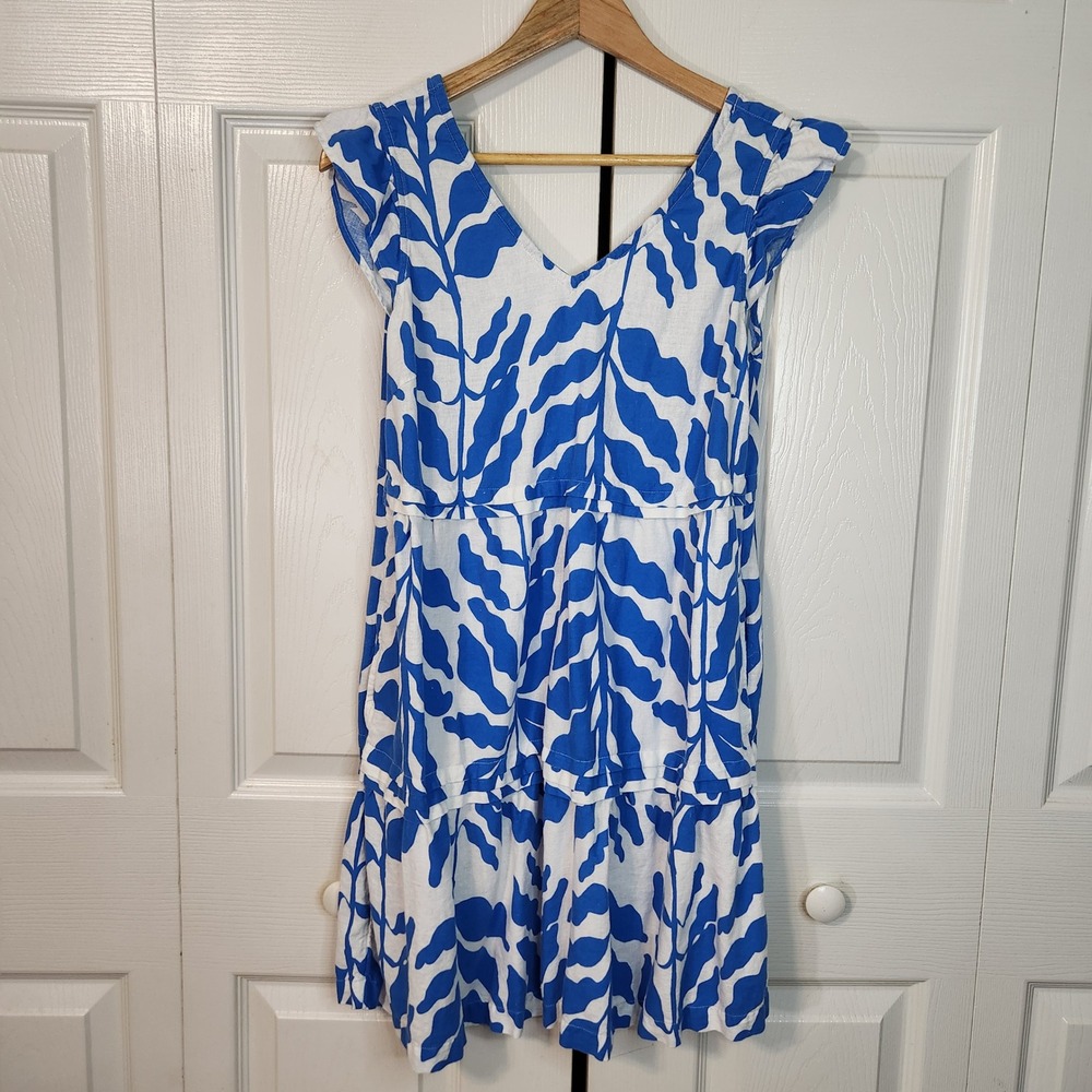 Rachel Zoe Blue White Botanical Leaf Print Linen Blend Tiered Mini Dress XS